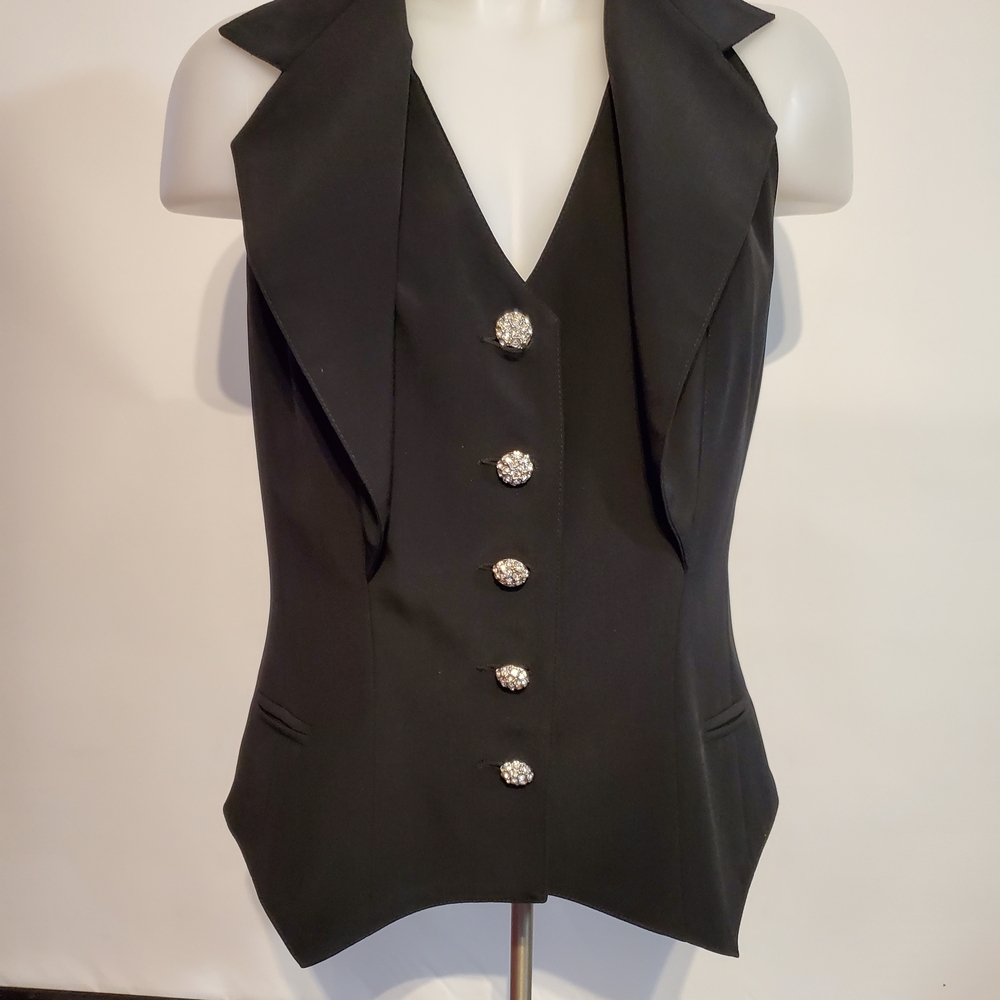 Tempo Paris Black Vest Halter with Rhinestone Buttons Vintage
